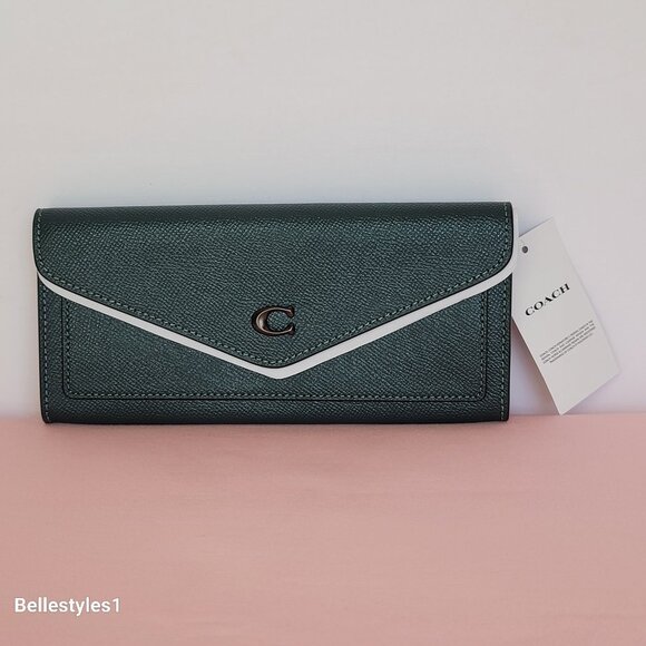 COACH Wyn Envelope Crossgrain Leather Wallet- Forest color 🎈$121. - Picture 2 of 16